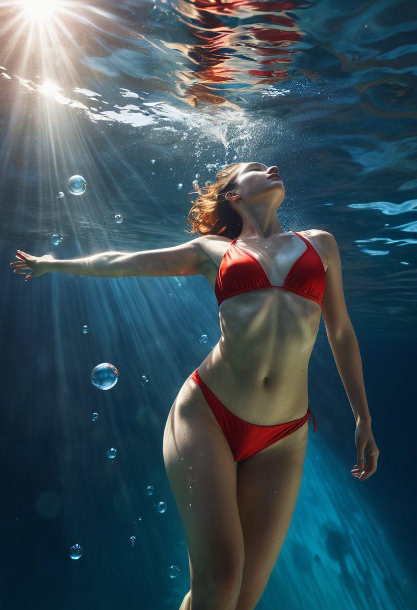 A serene underwater scene showcasing a single, elegant swimwear piece drifting gracefully among soft, melancholic bubbles. The surrounding water is tinged with deep blue and hints of red, symbolizing emotion, with shadowy figures of swimmers in the background reflecting both joy and sadness. Sunlight filters through the water, creating a contrast of light and shadow. Calming yet evocative atmosphere. super-realistic. vibrant colors. 3D.