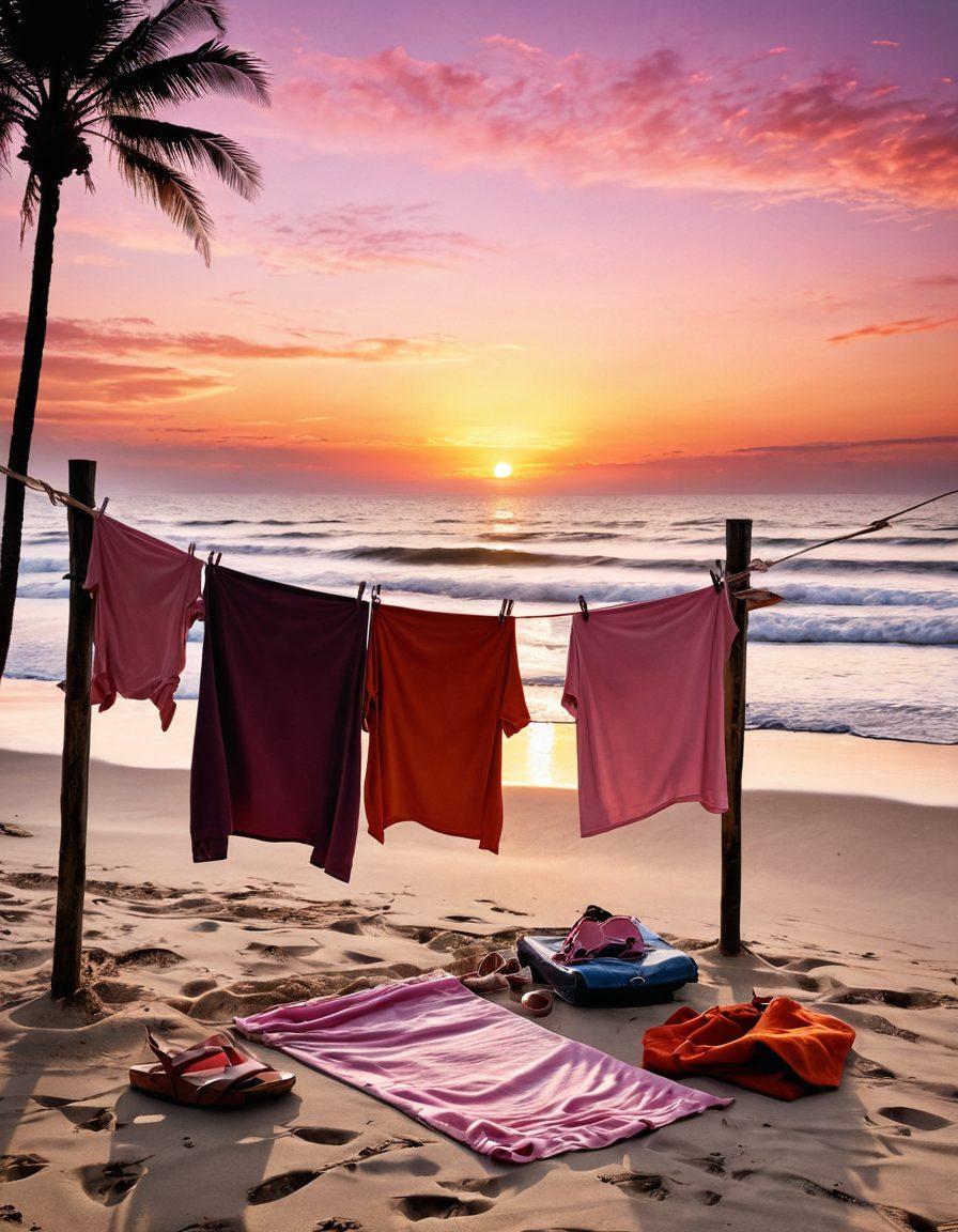 A serene beach scene at sunset, with elegant beachwear hanging on a clothesline, symbolizing the contrasting emotions of tragic films. Waves gently lap at the shore, while shadows of iconic film characters subtly linger in the background. Soft colors of pink and orange blend in the sky, evoking a sense of nostalgia and melancholy. Include a whimsical touch of film reels scattered in the sand. super-realistic. vibrant colors. tranquil atmosphere.